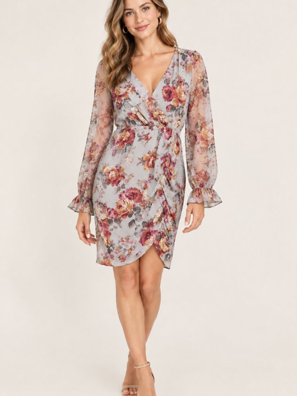 Maurices Floral Wrap Long-Sleeve Dress in Light Gray with Pink and Gold Roses